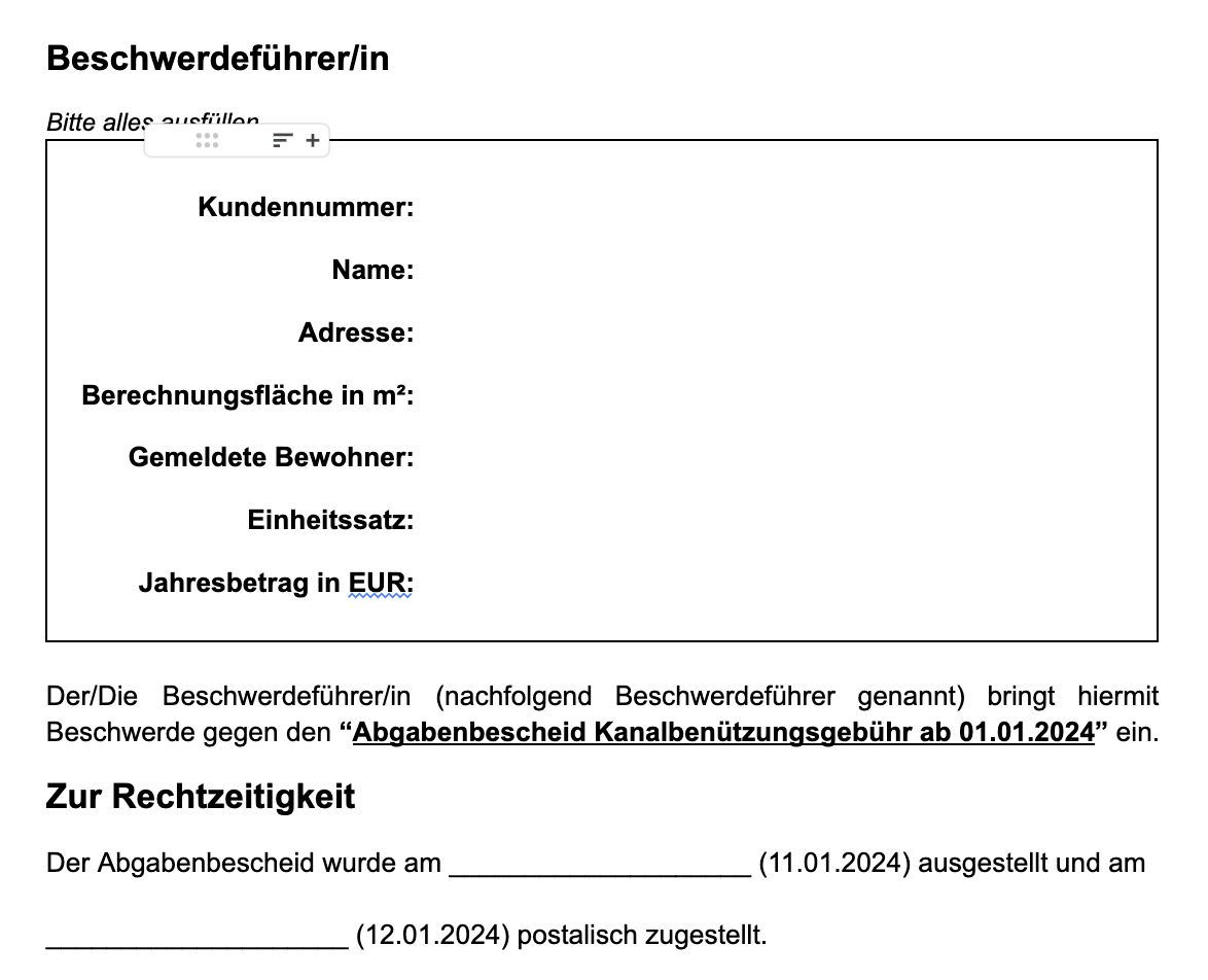 Vorlage für Beschwerde gegen Kanalbenützungsgebühr